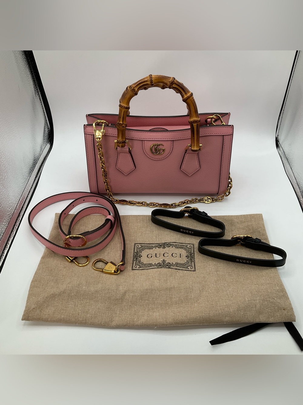 Gucci Diana East West Small PInk Leather & Bamboo Handle Satchel Bag With Straps